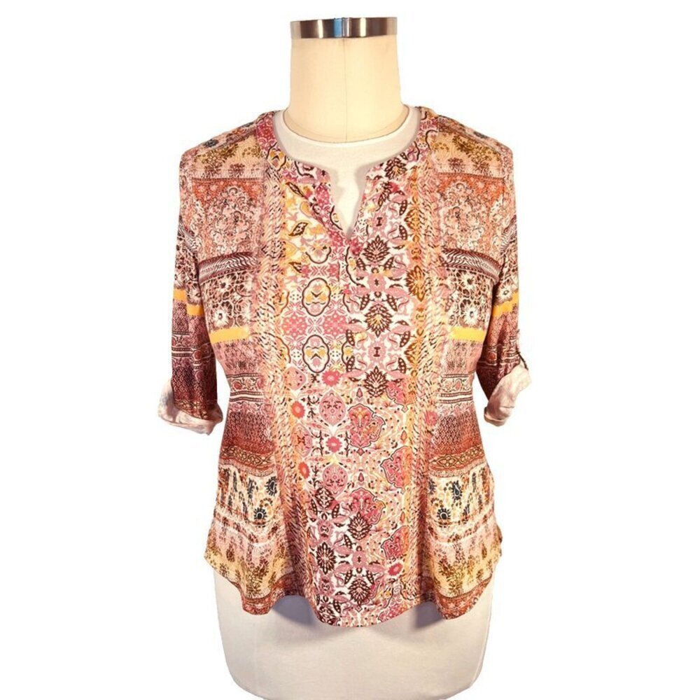 Farmer's Market - Womens PXL Tunic Top Henley Neck Cottage Print 3/4 Roll Tab